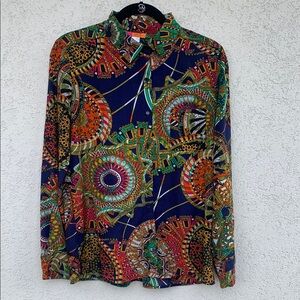 Catch my I.  Bright wild geometric print long sleeve button up blouse